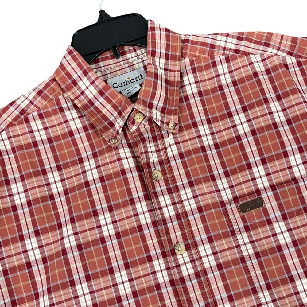 Carhartt Plaid Button‎ Down Shirt Short Sleeve Pocket Workwear Red Tan L Mens